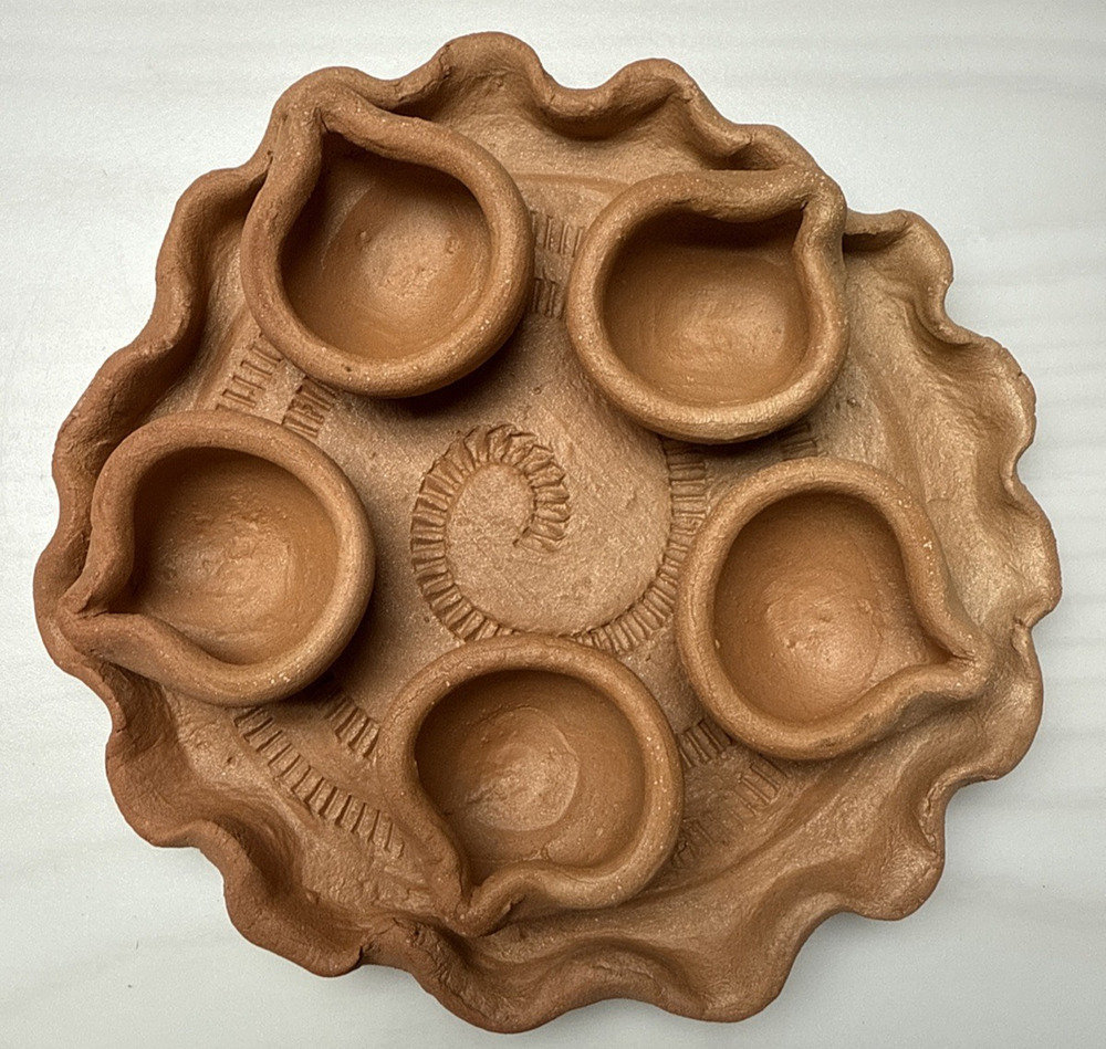 Clay Pot Diwali Oil Prayer Lamp Mitti Diya Plate Five Candle As Is